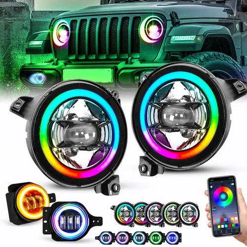 9" RGB Halo LED Headlights + 4" Fog Lights Combo for Jeep Wrangler JL Gladiator - Picture 1 of 21