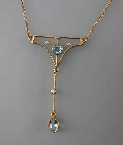 9906024-ad 925er Silber gelbvergoldet Jugendstil-Collier mit Blautopas Zirkonia