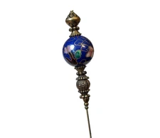Hatpin with Vintage Tibetan Dark Blue Cloisonne on antique Brass Finish 8"