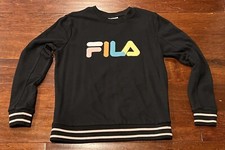 Fila Black Yellow Blue Women 's Large Spell Out Logo Fleece Pullover Sweatshirt