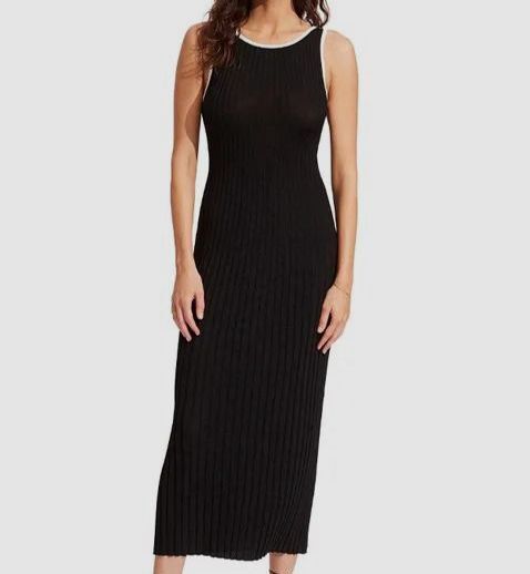 $168 Seafolly Women's Black Ribbed Knit Scoop-Neck MIDI Dress Size M
