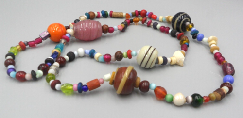 Vintage Art Glass Beaded Necklace Shell Wood Galaxy Beads Colorful Bohemian Boho - Picture 1 of 3
