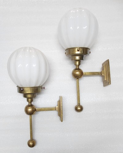 Pair Vintage Art Deco Brass Milk Glass Wall Fixture Sconces Ship Light Lamp - Picture 5 of 5