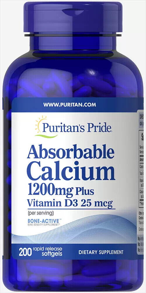 Puritan's Pride Absorbable Calcium 1200 mg Plus Vitamin D3 25 mcg 200 Softgels