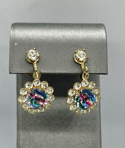 Vintage Rainbow Iris Arc Crystal Glass Dangle Goldtone Screwback Earrings