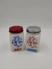 Hazel Atlas Nautical Salt Pepper Shakers White Milk Glass Red Blue Sailboat Vtg