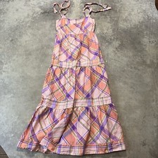 Anthropologie Kachel Linen Dress Womens XS Tie Strap Summer Midi Cottage Plaid