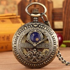 Bronze Mechanical Pocket Watch Moon Sun Phase Decorative Engraved Hand-Winding