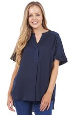 Ladies Popover Notch Casual Top Plain Short Sleeve Blouse