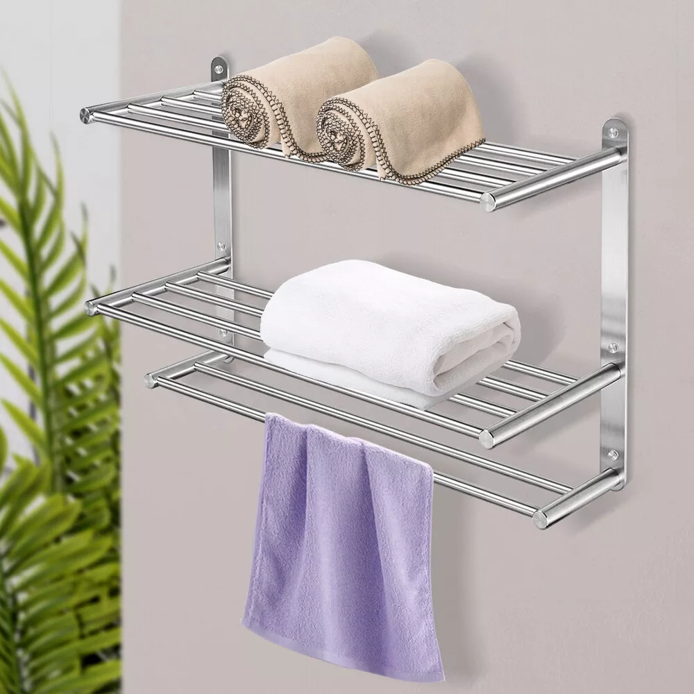 White 3 Tier Bathroom Shelf Wall Mounted with Towel Hooks