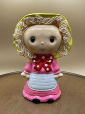 Piggy Bank Ceramic Little Girl With Big Head Yarn Hair Hand Painted 1970's