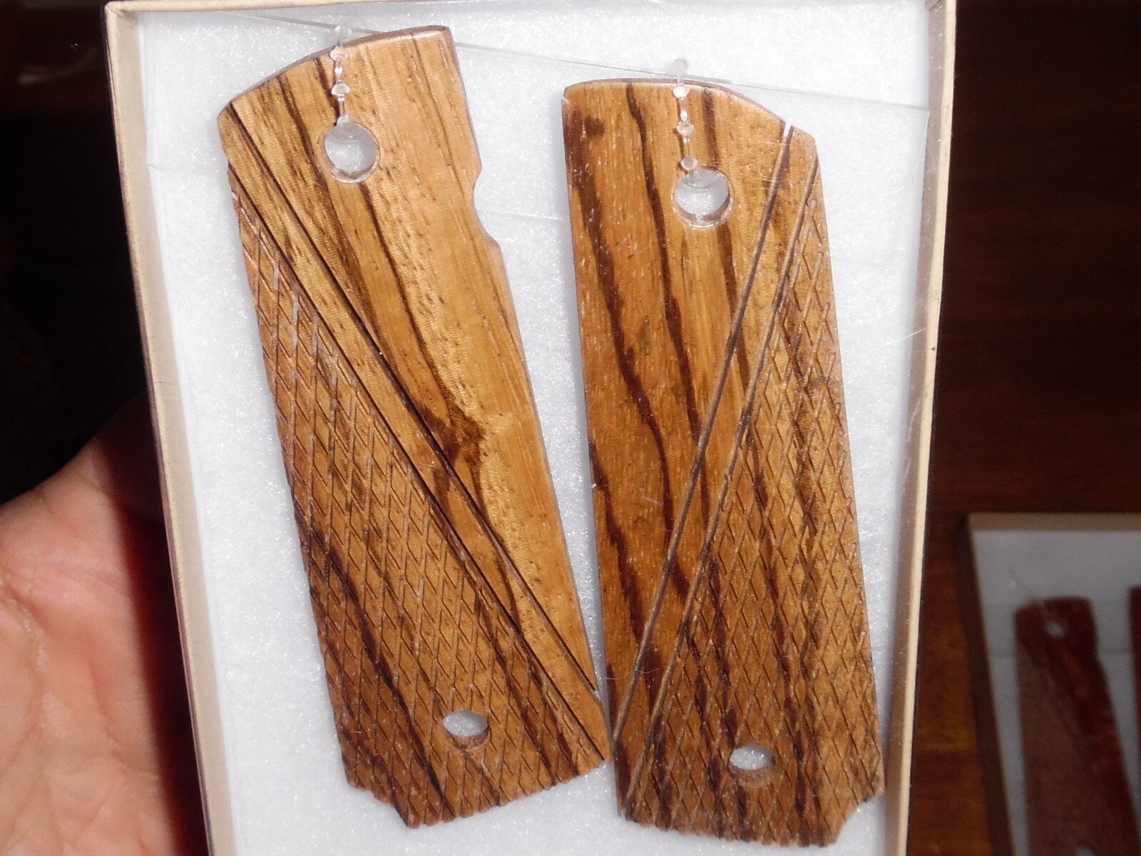 HAND MADE CHECKERED ZEBRA WOOD 1911 PISTOL GRIPS. FULL SIZE MIL SPEC