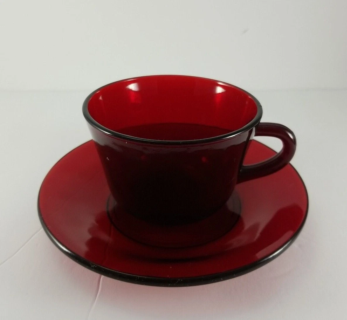 Vintage Ruby Red Glass Tea Cup and Saucer Set Of 2