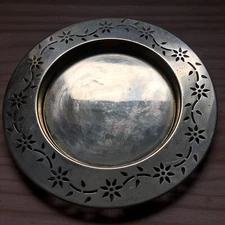 Vintage 1990s Silver plated Round Deep Plate  Pierced Floral Edge 9.5"D x1.5"H