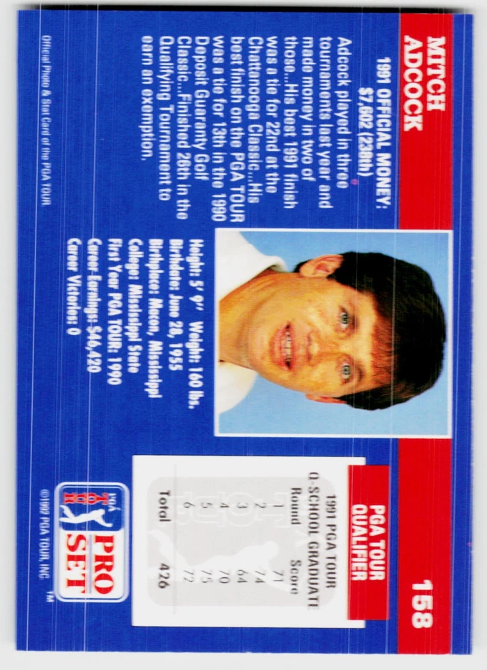 Mitch Adcock, 1992 Pro Set PGA Tour, #158, , RC - Image 2 of 2
