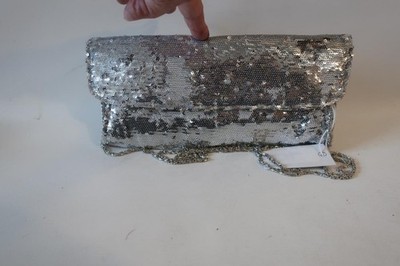NWD Womens Jacky & Celine Silver Sequin Chain Strap Clutch Evening Handbag