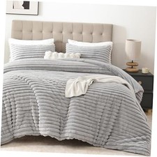 Fluffy Queen Comforter Set 3 Pieces - Light Grey Fleece Fluffy Comforter