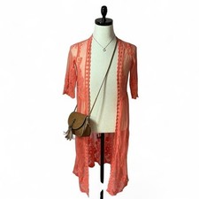 Cedar Rose Coral Lace Kimono Duster Open Front Soft Burnout Velvet Cardigan