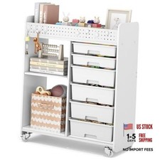 Rolling Craft Cart with 6 Drawers, Pegboard and Locking Wheels White  Ample