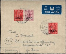 Cyrenaica MEF Airmail to Germany KGVI Overprints 1&frac12;d 2d 3d Clean Cover