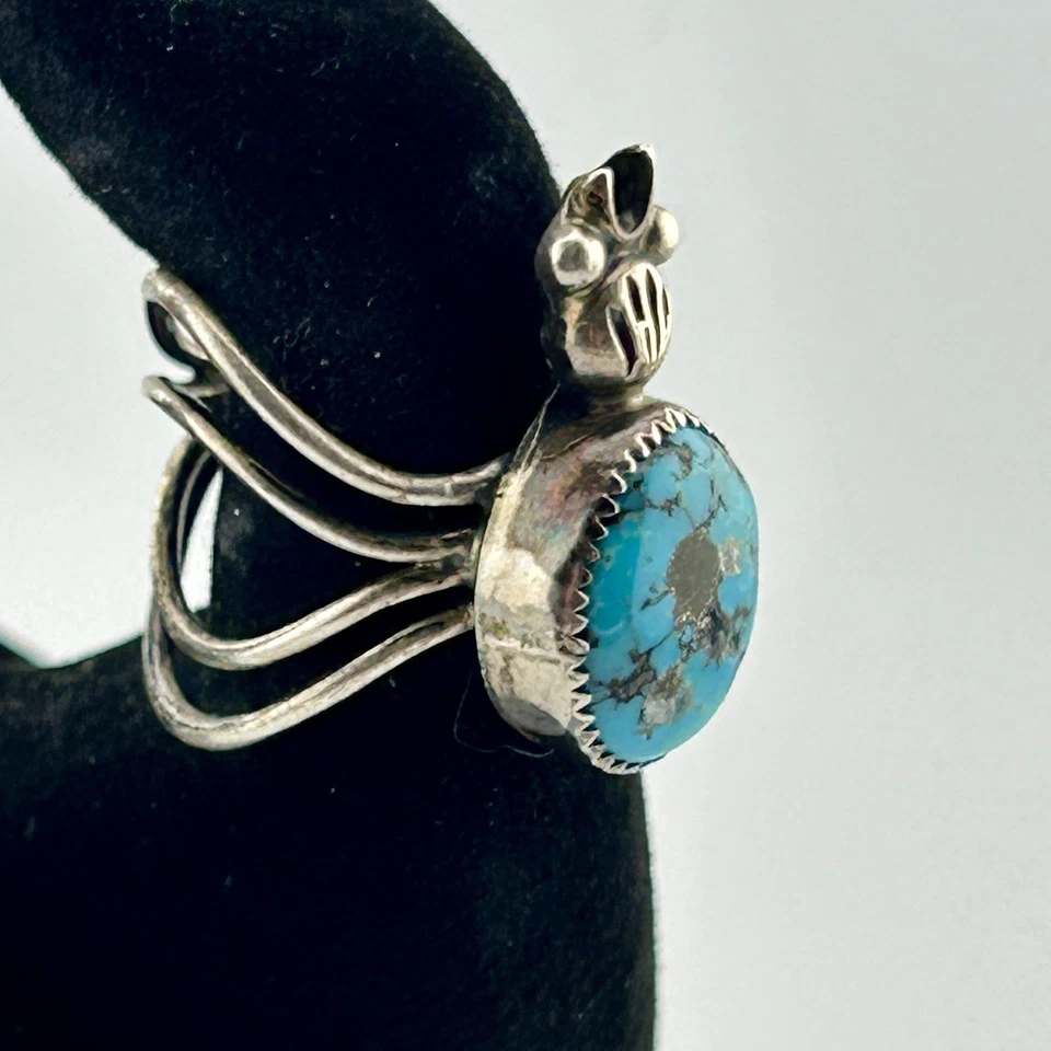 Sterling Navajo Spider Grandmother Ring Turquoise Pyrite Matrix Sz 6½ 60s VTG - Image 2 of 4