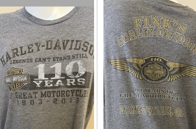 Harley Davidson Shirt XL Mens 110 Years Harley Fink s Zanesville Ohio Gray 2012