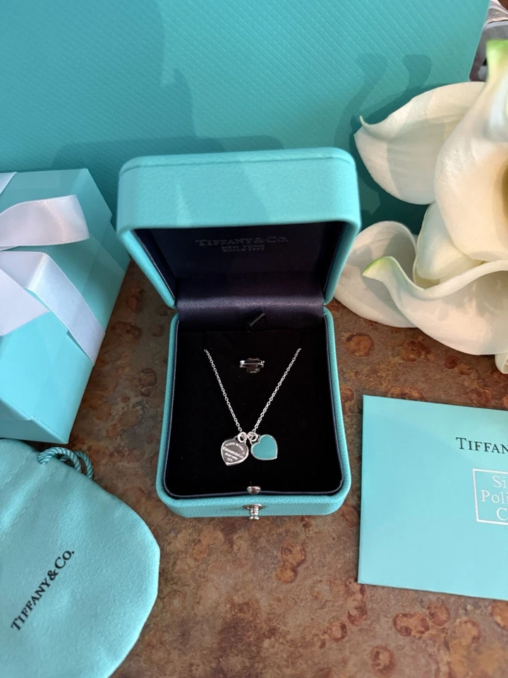 Tiffany & Co. Blue Double Mini Heart Tag Pendant Necklace ( 18” chain ) - Image 4 of 4
