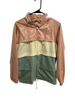 Vintage Cool It! Colorblock Full Zip Hooded Raincoat Peach Green Sz Medium