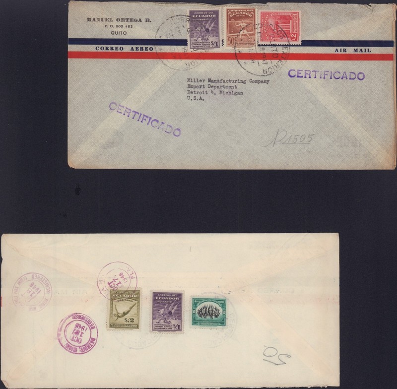 ECUADOR 1946 COVERS W/ 1938 BOLIVARIAN OLYMPICS STAMPS HIGH VALUES
