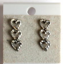 Triple 3 Heart Dangle Drop Earrings Three Hearts Silver Toned Pierced 7/8"
