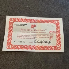 Vintage 90s Kip’s Big Boy Extra Effort Certificate Coupon Sandwich Coke Ephemera