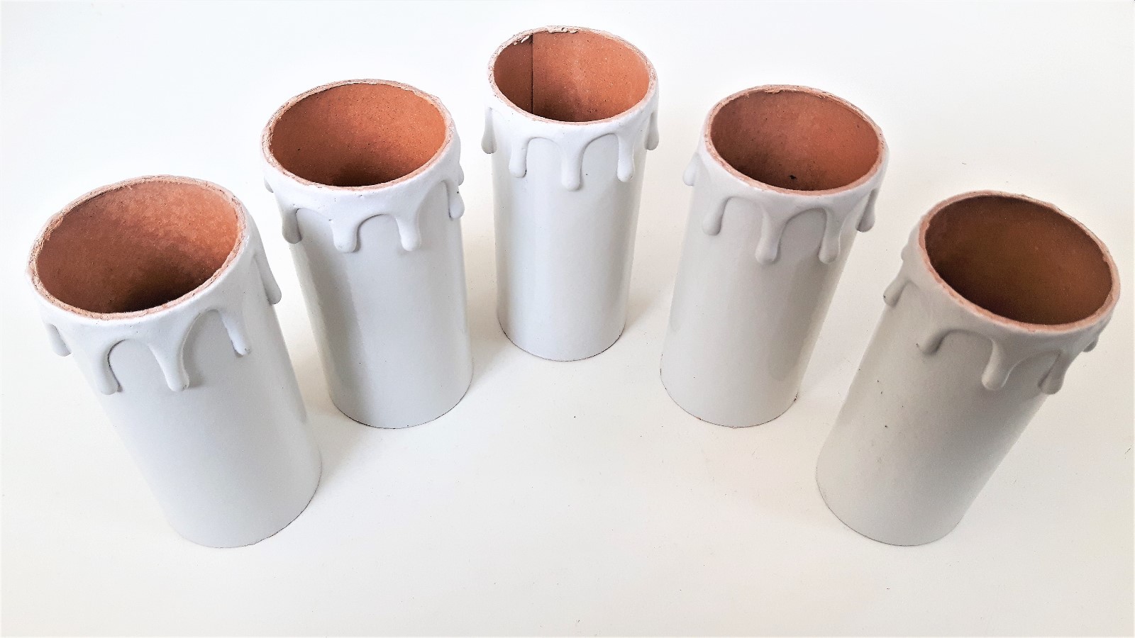 Set of 5 candle tubes white card with drips 95mm high x 39mm wide internal