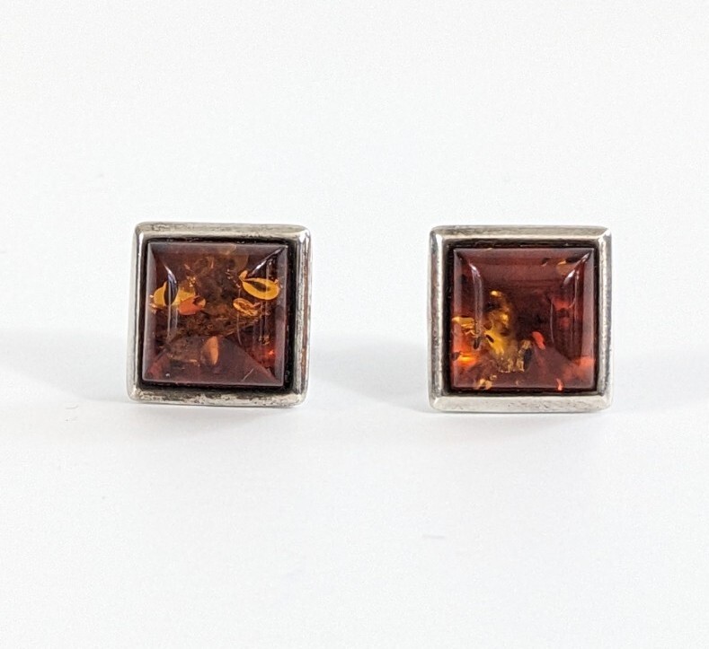 Square Amber Sterling Silver Studs Post Earrings - image 1