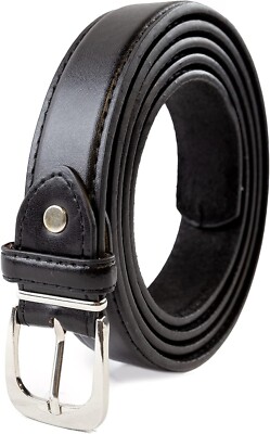 Herren Schwarz Schmal Gürtel Leder Gefüttert Klassischer Gürtel 1'' Breit Silber Schnalle Anzuggürtel