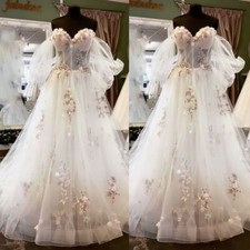 V Neck White Ivory A Line Wedding Dresses with Puff Sleeves Florals Bridal Gowns
