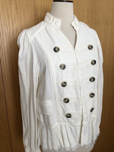 FREE PEOPLE Ariana Ivory Ruffles Raw Hem Crochet Lace Trim Military Jacket S - Picture 3 of 24