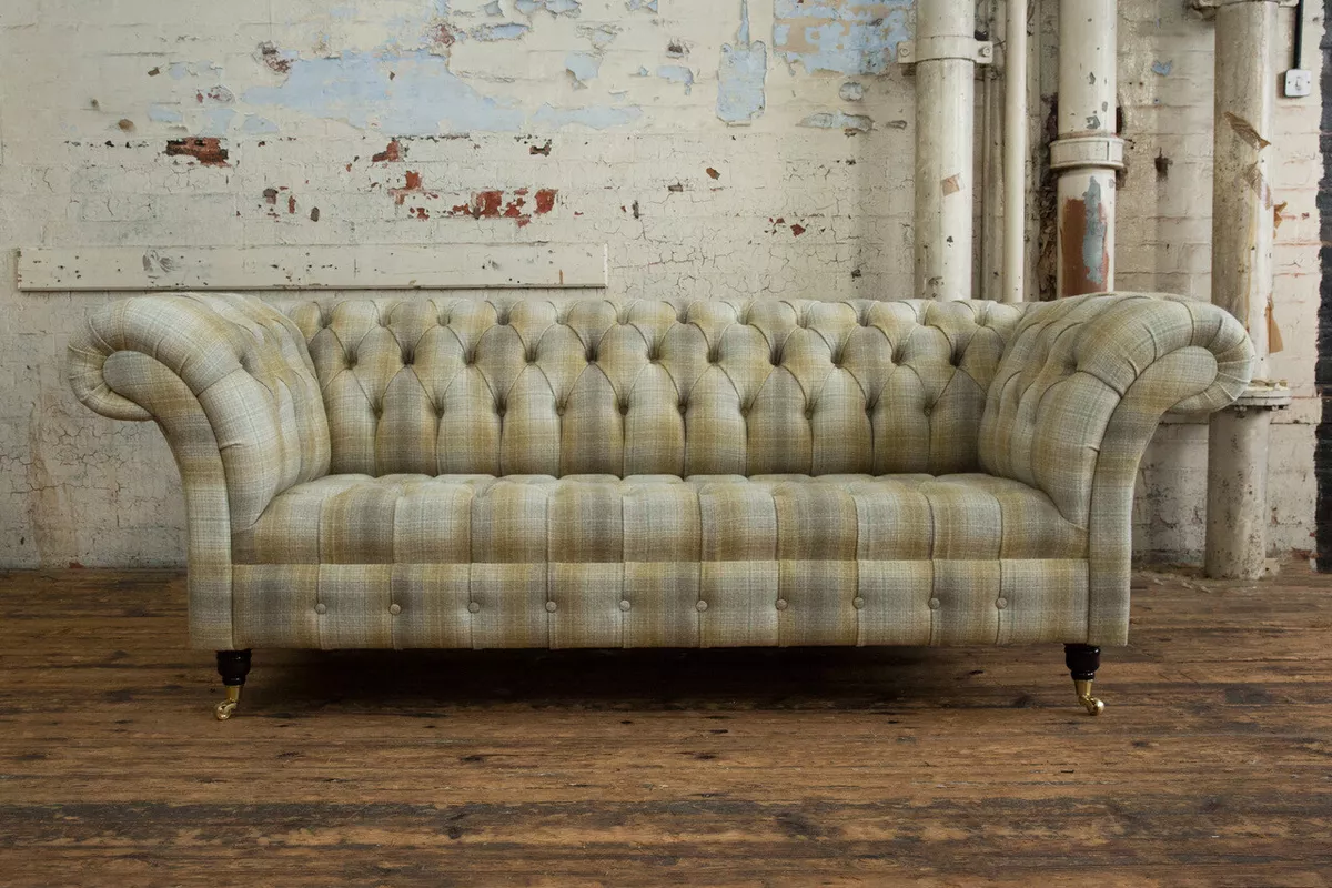 100 WOOL BEIGE MUSTARD TARTAN WOOL CHESTERFIELD SOFA WING CHAIR