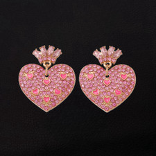 Women's Pink Crystal Rhinestone Enamel Crown Heart Stud Earrings