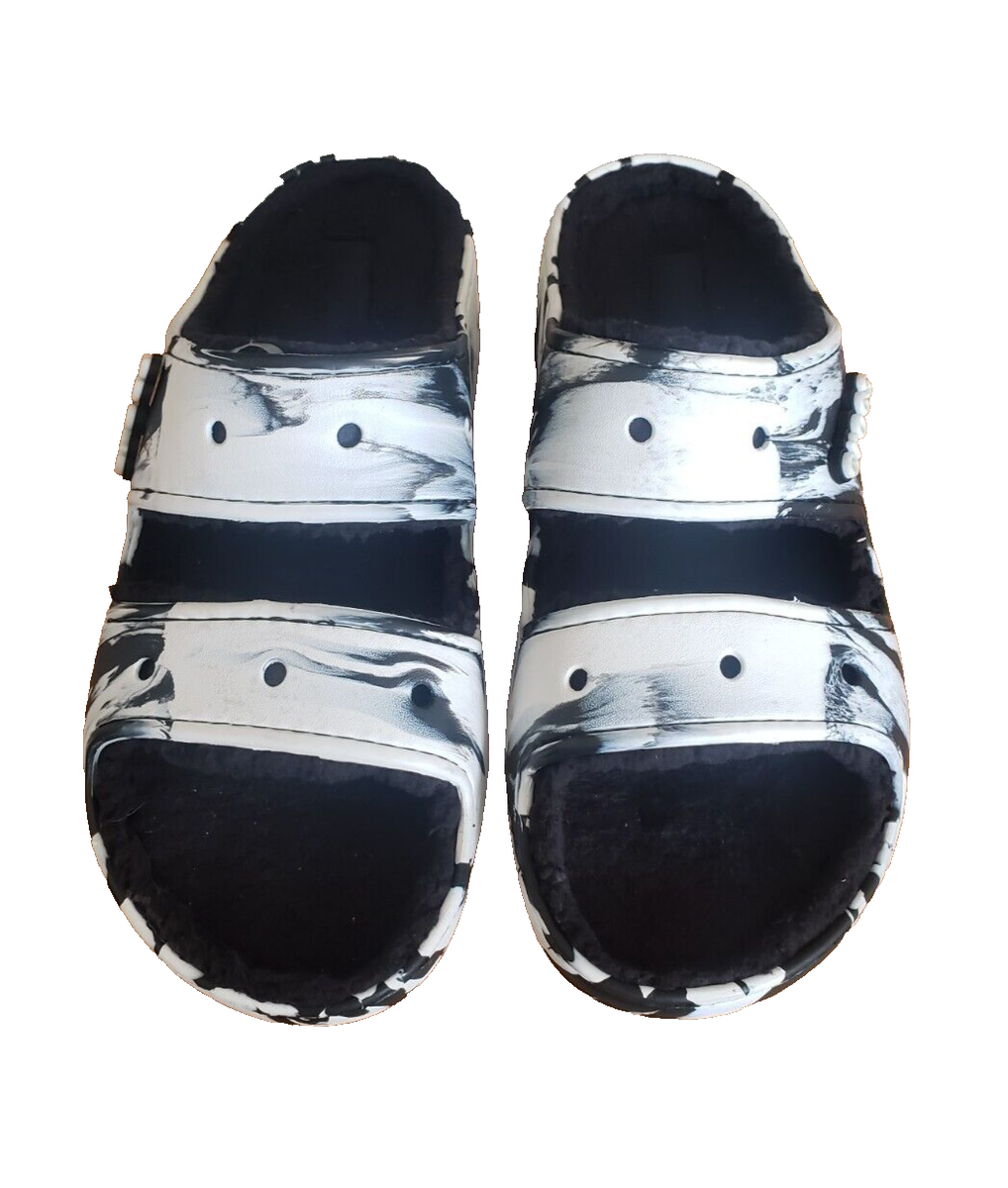 Crocs Fleece Lined Double Strap Sandals Men\'s Size 12 Black White Swirl Marble Crocs Unisex Fleece Lined Double Strap Black White Swirl  main image 4