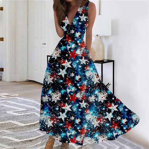 Women's Summer Dress American Flag USA Patriotic Deeep V Neck Sleeveless Dress - Picture 27 of 38