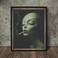 Vintage ALIEN CANNABIS Wall Art, 420 Smoking Pot Sci-fi Decor, Marijuana Cryptid