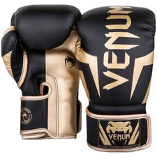 Venum Elite Skintex Leather Hook and Loop Training Boxing Gloves - Black/Gold