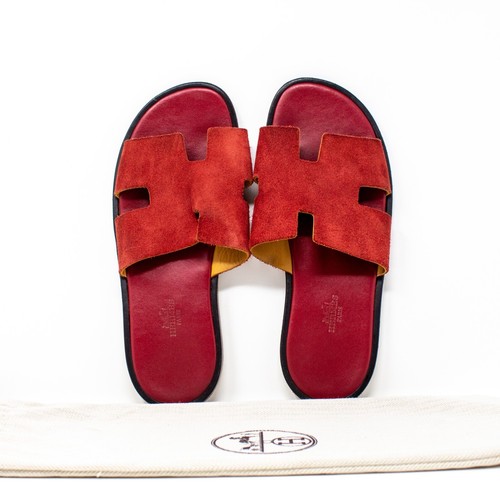 Hermes Izmir Sandalen Kalbsleder Wildleder Leder flach Slipper Kirschrot Herren 40 US7 - Bild 1 von 8