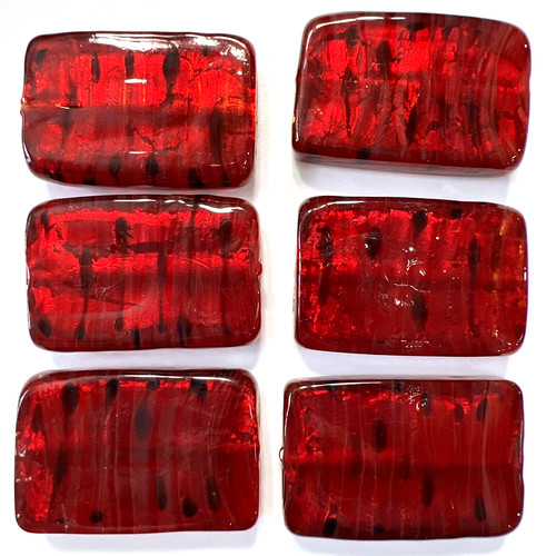 Venetian Murano Glass Bead Beads 6 Red & Gold Foil Spotted Rectangles 30mm (#34)