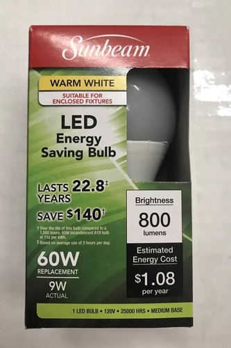 2 Pack Sunbeam LED Bulb Warm White A19 Medium Base E26 60W Equivalent 800 Lumens - Picture 2 of 6
