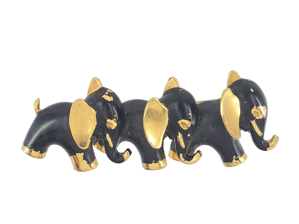 Broche elefantes vintage años 50 WALTER BOSE WAY ESMALTE NEGRO TONO DORADO ~ 1,5 pulgadas Foto 2 de 4