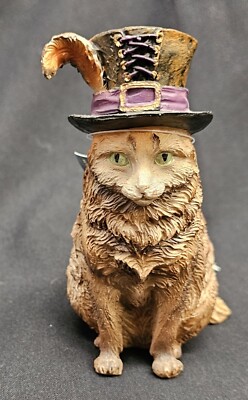 LIQUIDATION: HALLOWEEN FESTIVE 5'' Brown TABBY CAT IN Top HAT RESIN