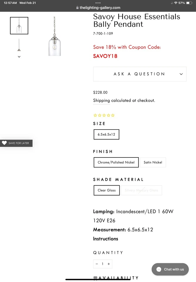 Savoy House Lighting Pendant With Polished Nickel Finish. New In Box - Image 4 of 4