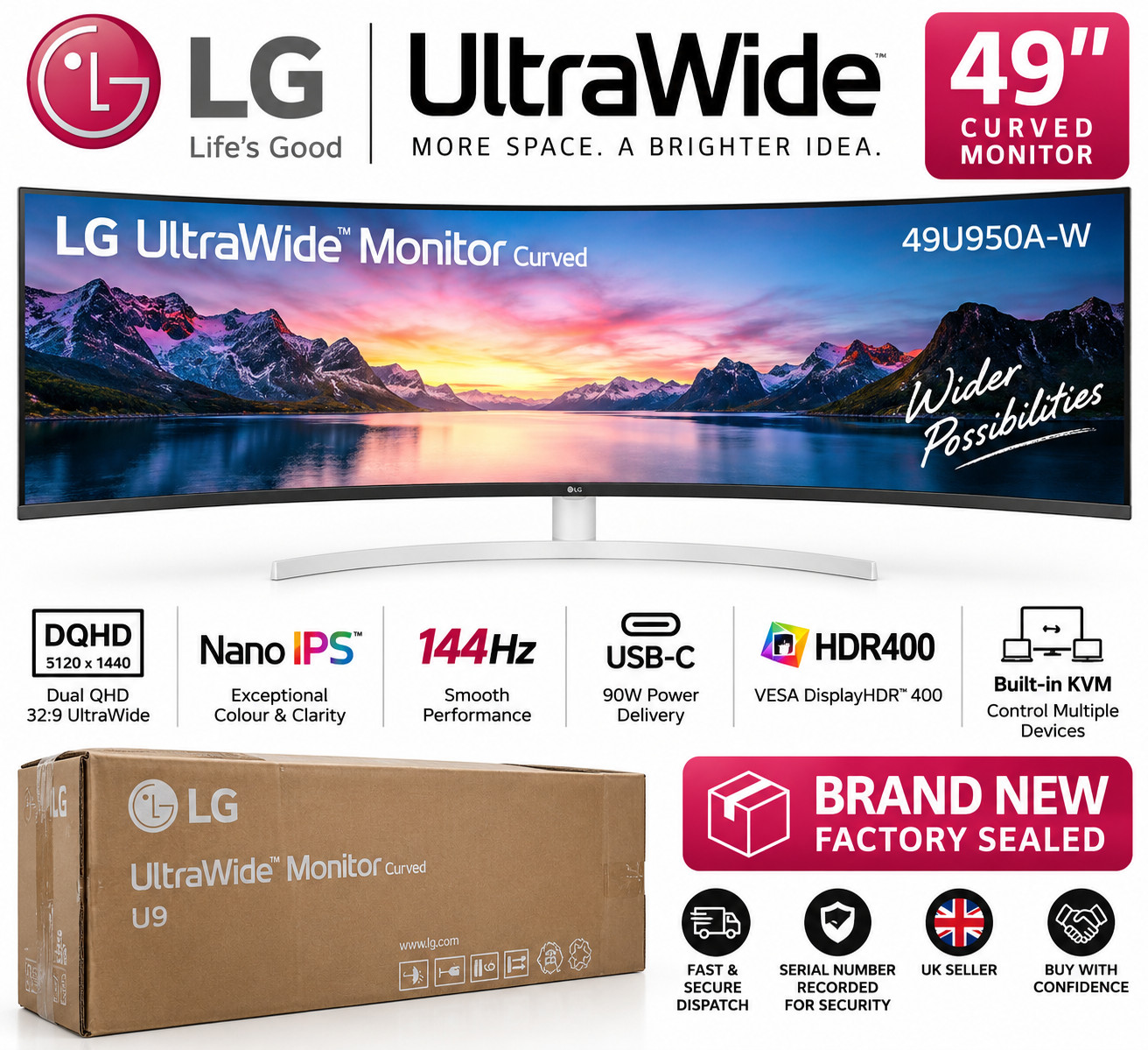 LG 49U950A-W 49"" UltraWide Curved Monitor Dual QHD USB-C HDMI Brand New Sealed
