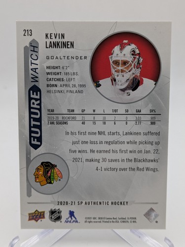 💥 2020-21 SP Authentic #213 Kevin Lankinen RC Future Watch Rookie RC SP #/999 - Picture 2 of 2